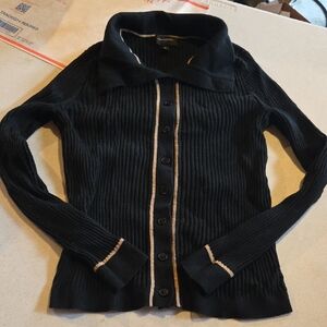 Banana Republic Black Ribbed Cardigan with Tan Trim